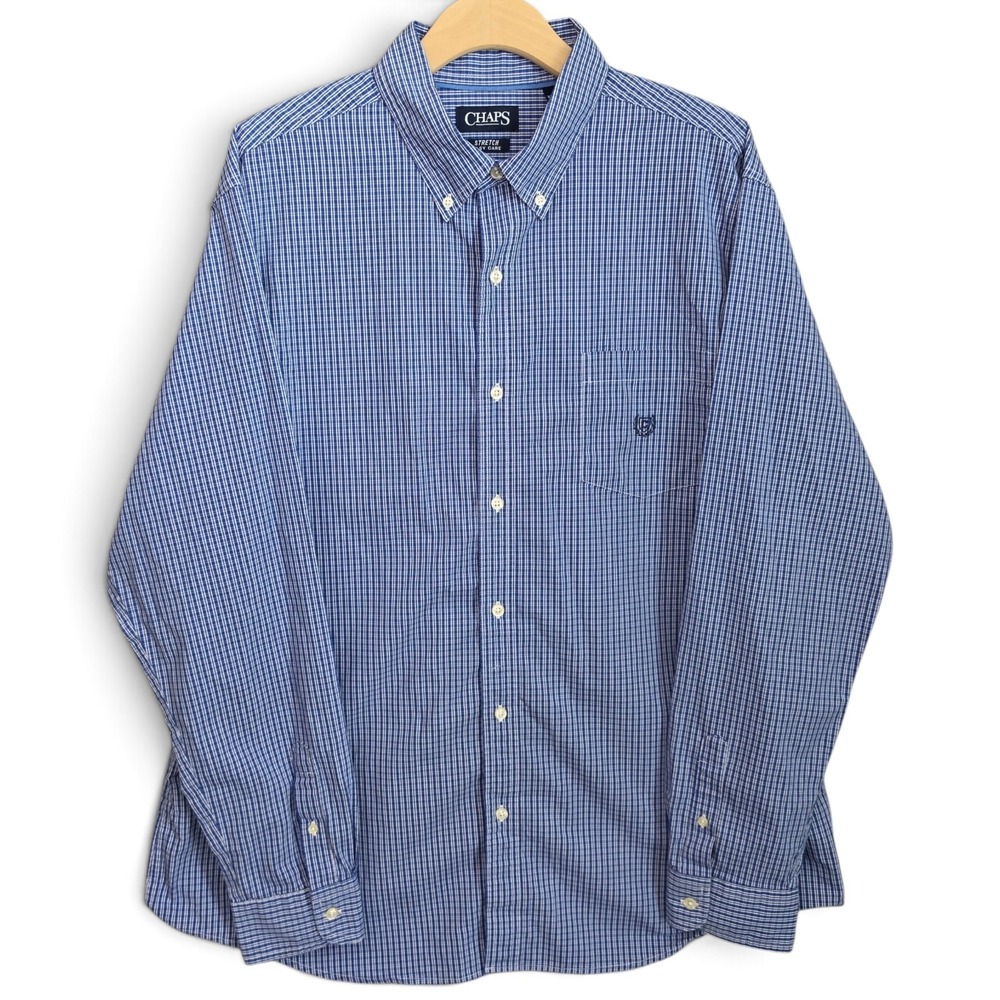 Chaps Shirt Mens XXL Blue Check Stretch Easy Care Button Down Long Sleeve Casual